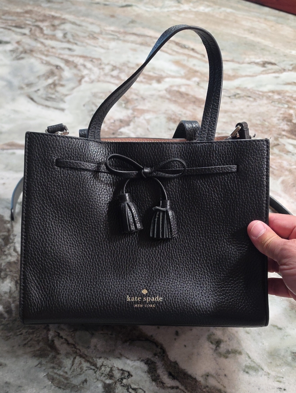 kate spade Black Pebbled Leather Satchel with Bow and Tassels